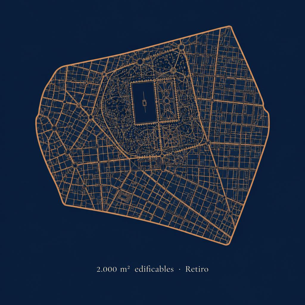 Plano del barrio de Retiro de Madrid en tono ocre, con su perímetro y el parque: edificabilidad transferible de 2.000 m² en Retiro